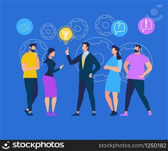 Business Training Sharing Idea. Man in Formal Suit Point on Light Bulb on Blue Background with Outline Cogwheels. Employees Listening and Interacting with Businessman. Cartoon Flat Vector Illustration. Man in Formal Suit Point on Light Bulb, Share Idea