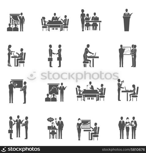 Business training teamwork and collaboration black icons set isolated vector illustration. Business Training Icons Set