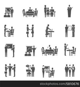 Business training teamwork and collaboration black icons set isolated vector illustration. Business Training Icons Set