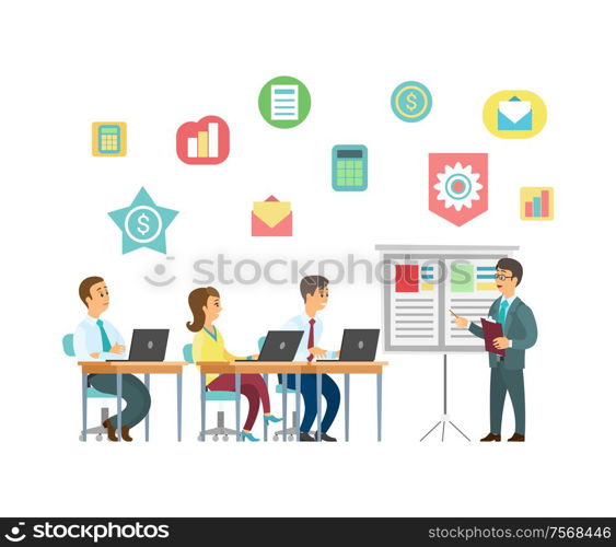 Business training vector, coach and students with laptops. Entrepreneurs and screen with presentation, message and calculator, graphics and dollar sign. Coach and Students with Laptops, Business Training