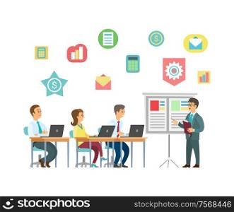 Business training vector, coach and students with laptops. Entrepreneurs and screen with presentation, message and calculator, graphics and dollar sign. Coach and Students with Laptops, Business Training
