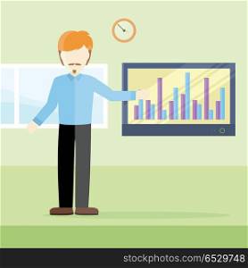 Business Training Vector Concept in Flat Design.. Business lecture concept vector. Flat design. Man holding seminar near monitor with infographics. Certification training in office. Illustration for educational companies, career courses ad.