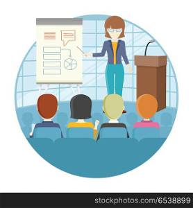Business Training Vector Concept in Flat Design.. Business lecture concept vector. Flat design. Woman holding seminar near board with infographics. Certification training in office. Illustration for educational companies, career courses ad.