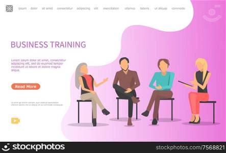 Business training with coworkers sitting on chairs, people at conference discussing issues. Women holding tablet and talking to listeners vector web design. Website or webpage, landing page in flat. Discussion Business Training with Coworkers Vector