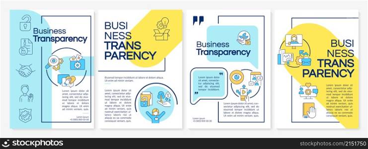 Business transparency blue and yellow brochure template. Booklet print design with linear icons. Vector layouts for presentation, annual reports, ads. Questrial-Regular, Lato-Regular fonts used. Business transparency blue and yellow brochure template