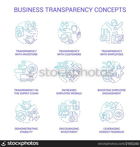 Business transparency blue gradient concept icons set. Company openness. Trustful service idea thin line color illustrations. Isolated outline drawings. Roboto-Medium, Myriad Pro-Bold fonts used. Business transparency blue gradient concept icons set