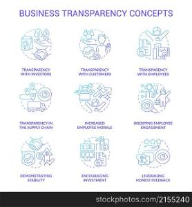 Business transparency blue gradient concept icons set. Company openness. Trustful service idea thin line color illustrations. Isolated outline drawings. Roboto-Medium, Myriad Pro-Bold fonts used. Business transparency blue gradient concept icons set
