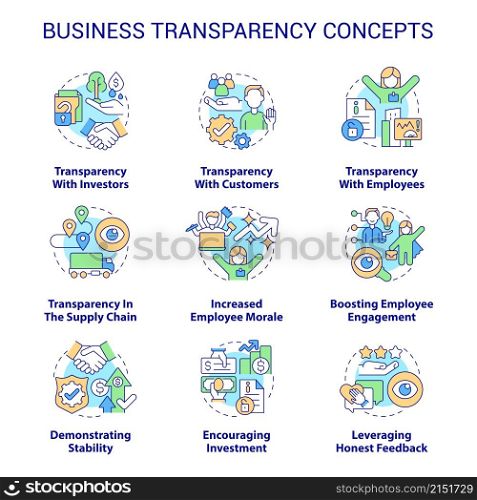 Business transparency concept icons set. Sharing company information. Trustful customer service idea thin line color illustrations. Isolated outline drawings. Roboto-Medium, Myriad Pro-Bold fonts used. Business transparency icons set