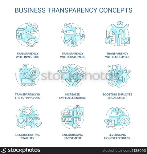 Business transparency turquoise concept icons set. Sharing information. Trustful company idea thin line color illustrations. Isolated outline drawings. Roboto-Medium, Myriad Pro-Bold fonts used. Business transparency turquoise concept icons set