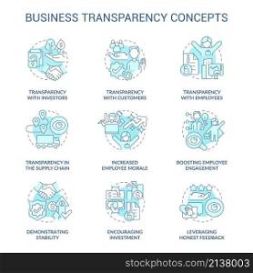 Business transparency turquoise concept icons set. Sharing information. Trustful company idea thin line color illustrations. Isolated outline drawings. Roboto-Medium, Myriad Pro-Bold fonts used. Business transparency turquoise concept icons set