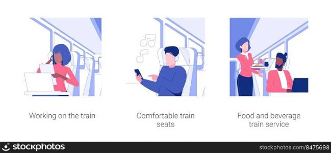 Business travel by high-speed train isolated concept vector illustration set. Working on the train, comfortable seats, food and beverage service, wifi connection in transport vector cartoon.. Business travel by high-speed train isolated concept vector illustrations.