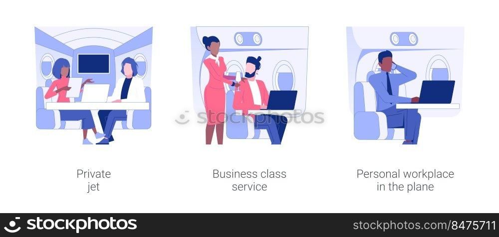 Business travel by plane isolated concept vector illustration set. Private jet, business class service, personal workplace in the plane, working luxury trip, vip passenger vector cartoon.. Business travel by plane isolated concept vector illustrations.