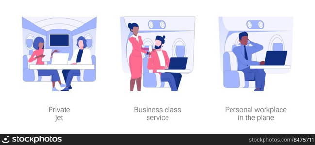 Business travel by plane isolated concept vector illustration set. Private jet, business class service, personal workplace in the plane, working luxury trip, vip passenger vector cartoon.. Business travel by plane isolated concept vector illustrations.