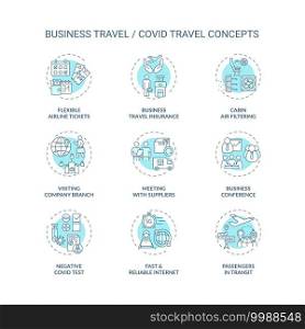 Business travel during coronavirus pandemic concept icons set. Quarantine measures idea thin line RGB color illustrations. Additional safety measures. Vector isolated outline drawings. Editable stroke. Business travel during coronavirus pandemic concept icons set