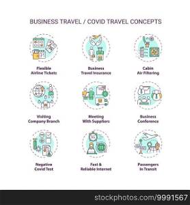 Business travel during coronavirus pandemic concept icons set. New normal idea thin line RGB color illustrations. Additional safety measures. Vector isolated outline drawings. Editable stroke. Business travel during coronavirus pandemic concept icons set