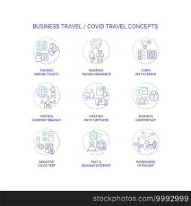 Business travel during coronavirus pandemic concept icons set. New normal idea thin line RGB color illustrations. Service optimization. Additional safety measures. Vector isolated outline drawings.. Business travel during coronavirus pandemic concept icons set