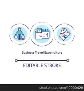 Business travel expenditure concept icon. Costs incurred of traveling for business purposes idea thin line illustration. Official journey. Vector isolated outline RGB color drawing. Editable stroke. Business travel expenditure concept icon