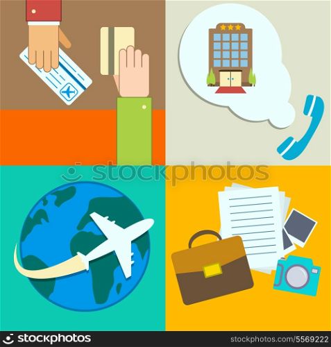 Business travel infographics icons set with hands of ticket purchase hotel booking and flight vector illustration