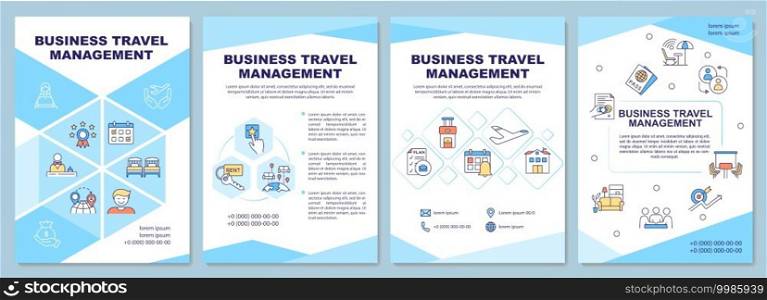 Business travel management brochure template. Reduce costs of travel. Flyer, booklet, leaflet print, cover design with linear icons. Vector layouts for magazines, annual reports, advertising posters. Business travel management brochure template