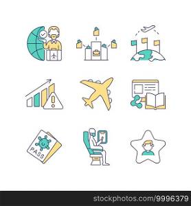 Business travel trends black glyph icons set on white space. Bleisure travel. Business travel personalization. Airplane icon. International travel. Silhouette symbols. Vector isolated illustration. Business travel trends black glyph icons set on white space