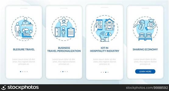 Business travel trends onboarding mobile app page screen with concepts. Hospitality industry walkthrough 4 steps graphic instructions. UI vector template with RGB color illustrations. Business travel trends onboarding mobile app page screen with concepts