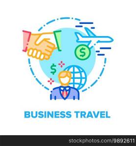 Business Travel Vector Icon Concept. Business Worldwide Travel For Signing Contract With Partners Or Visit International Conference, Businessman Flying On Airplane Color Illustration. Business Travel Vector Concept Color Illustration