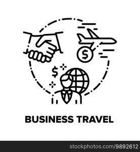 Business Travel Vector Icon Concept. Business Worldwide Travel For Signing Contract With Partners Or Visit International Conference, Businessman Flying On Airplane Black Illustration. Business Travel Vector Concept Black Illustration