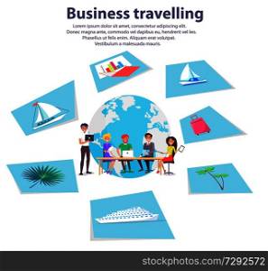Business travelling agency advertisement banner with workers around table and photos of luxurious yachts and tropical palms vector illustrations.. Business Travelling Agency Advertisement Banner