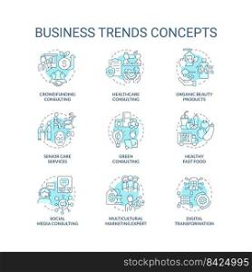 Business trends turquoise concept icons set. Popular services and products idea thin line color illustrations. Isolated symbols. Editable stroke. Roboto-Medium, Myriad Pro-Bold fonts used . Business trends turquoise concept icons set