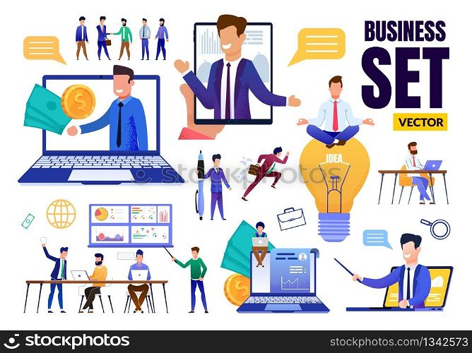 Business Trendy Flat Set. Different Situation. Cartoon Businessmen Teaching, Brainstorming, Mediating, Creating Idea, Earning Money. Conference, Meeting, Coaching. Communication. Vector Illustration. Business Trendy Flat Set with Different Situation