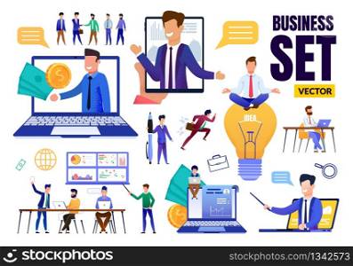 Business Trendy Flat Set. Different Situation. Cartoon Businessmen Teaching, Brainstorming, Mediating, Creating Idea, Earning Money. Conference, Meeting, Coaching. Communication. Vector Illustration. Business Trendy Flat Set with Different Situation