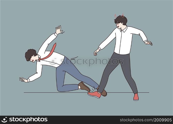 Business tricks and competitors concept. Young angry furious businessman making trip to his colleague making unfair business vector illustration . Business tricks and competitors concept.