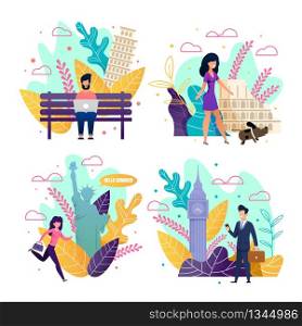 Business Trip, Freelance Work and Vacation Set. Cartoon People Working on Computer, Walking Along Street with Landmarks. Rush and Rest. Summertime Recreation and Job. Vector Flat Illustration. Business Trip, Freelance Work and Vacation Set