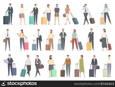 Business trip icons set cartoon vector. Travel airport. Man baggage. Business trip icons set cartoon vector. Travel airport