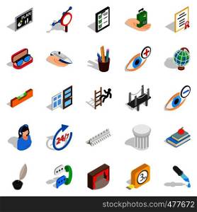 Business trip icons set. Isometric set of 25 business trip vector icons for web isolated on white background. Business trip icons set, isometric style