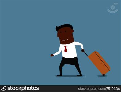 Business trip, travel, vacation and holiday concept design. Cartoon african american businessman pulling luggage, going on voyage or traveling. Businessman with suitcase going on voyage