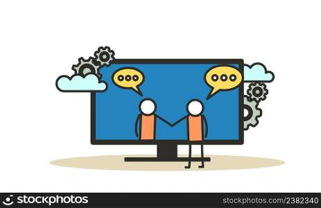 Business trust vector illustration with man and woman. Internet computer partnership businessman teamwork deal. Success partner agreement contract. Handshake cooperation job background. Investor agree