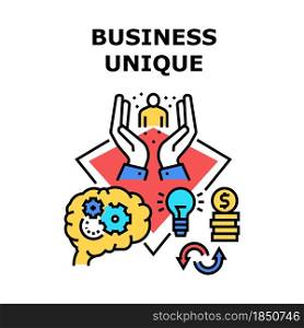 Business Unique Vector Icon Concept. Idea And Developing Process Of Business Unique, Planning Strategy, Searching Investor And Earning Money. Professional Occupation Color Illustration. Business Unique Vector Concept Color Illustration