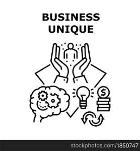 Business Unique Vector Icon Concept. Idea And Developing Process Of Business Unique, Planning Strategy, Searching Investor And Earning Money. Professional Occupation Black Illustration. Business Unique Vector Concept Black Illustration