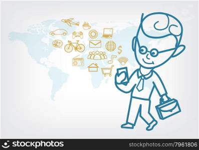 Business using smartphone for his work and lifestyle with world map background (map derived from NAZA world map)