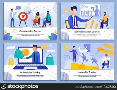 Business Vector Banner Flat Set for Company and Personnel Growth. Cartoon Businessmen Receiving Knowledge via Internet, during Coaching Courses on Meeting, Briefing. Vector Illustration. Business Vector Banner Set for Company Growth