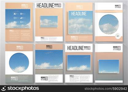 Business vector templates for brochure, flyer or booklet. Blue sky with clouds. Collection of abstract multicolored backgrounds. Natural geometrical patterns. Triangular and hexagonal style vector
