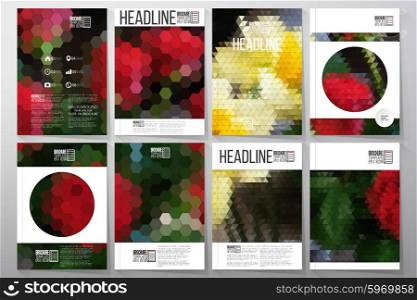Business vector templates for brochure, flyer or booklet. Bouquet of roses and daffodils. Abstract multicolored backgrounds set. Natural geometrical patterns. Triangular, hexagonal style vector