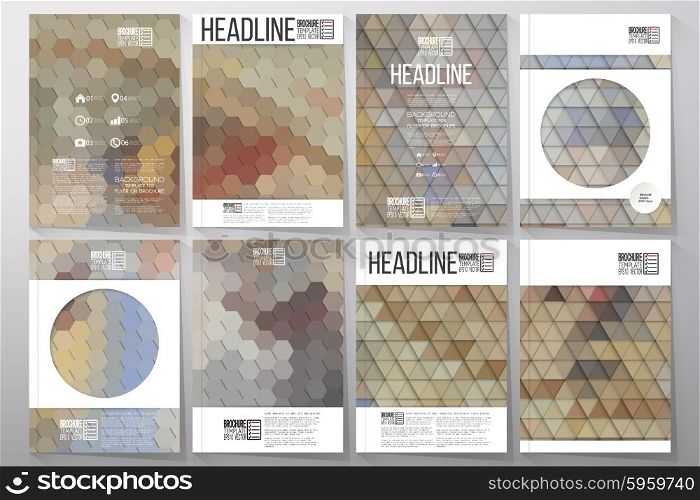 Business vector templates for brochure, flyer or booklet. Catholic church inside. Collection of abstract multicolored backgrounds. Geometrical patterns. Triangular and hexagonal style vector