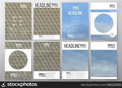 Business vector templates for brochure, flyer or booklet. Dry land and blue sky with clouds. Collection of abstract multicolored backgrounds. Natural geometrical patterns. Triangular style vector