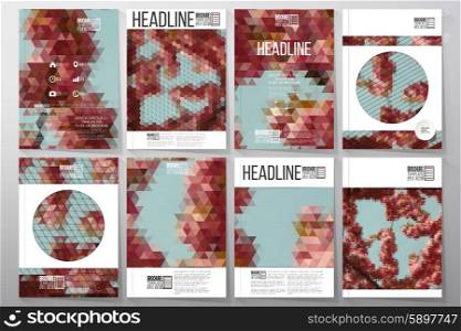 Business vector templates for brochure, flyer or booklet. The tree with purple flowers. Collection of abstract multicolored backgrounds. Natural geometrical patterns. Triangular and hexagonal style.