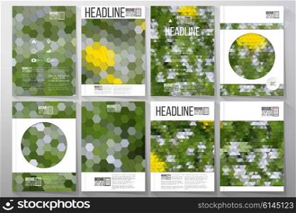 Business vector templates for brochure, flyer or booklet. White flowers on the grass. Abstract multicolored backgrounds. Natural geometrical patterns. Triangular and hexagonal style vector