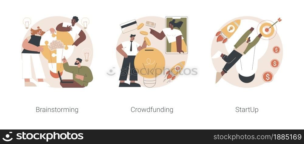 Business venture abstract concept vector illustration set. Brainstorming and teamwork, crowdfunding and crowdsourcing project, startup launch, fundraising platform, collaboration abstract metaphor.. Business venture abstract concept vector illustrations.