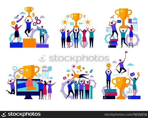Business victory concept. Successful happy finance managers director winning rewards team with cups vector characters. Illustration of business success, businessman achievement. Business victory concept. Successful happy finance managers director winning rewards team with cups vector characters
