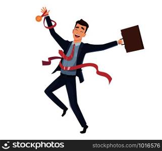 Business victory. Happy businessman character big award leadership finishing vector cartoon mascot. Businessman success on finish line, business man achievement victory illustration. Business victory. Happy businessman character big award leadership finishing vector cartoon mascot